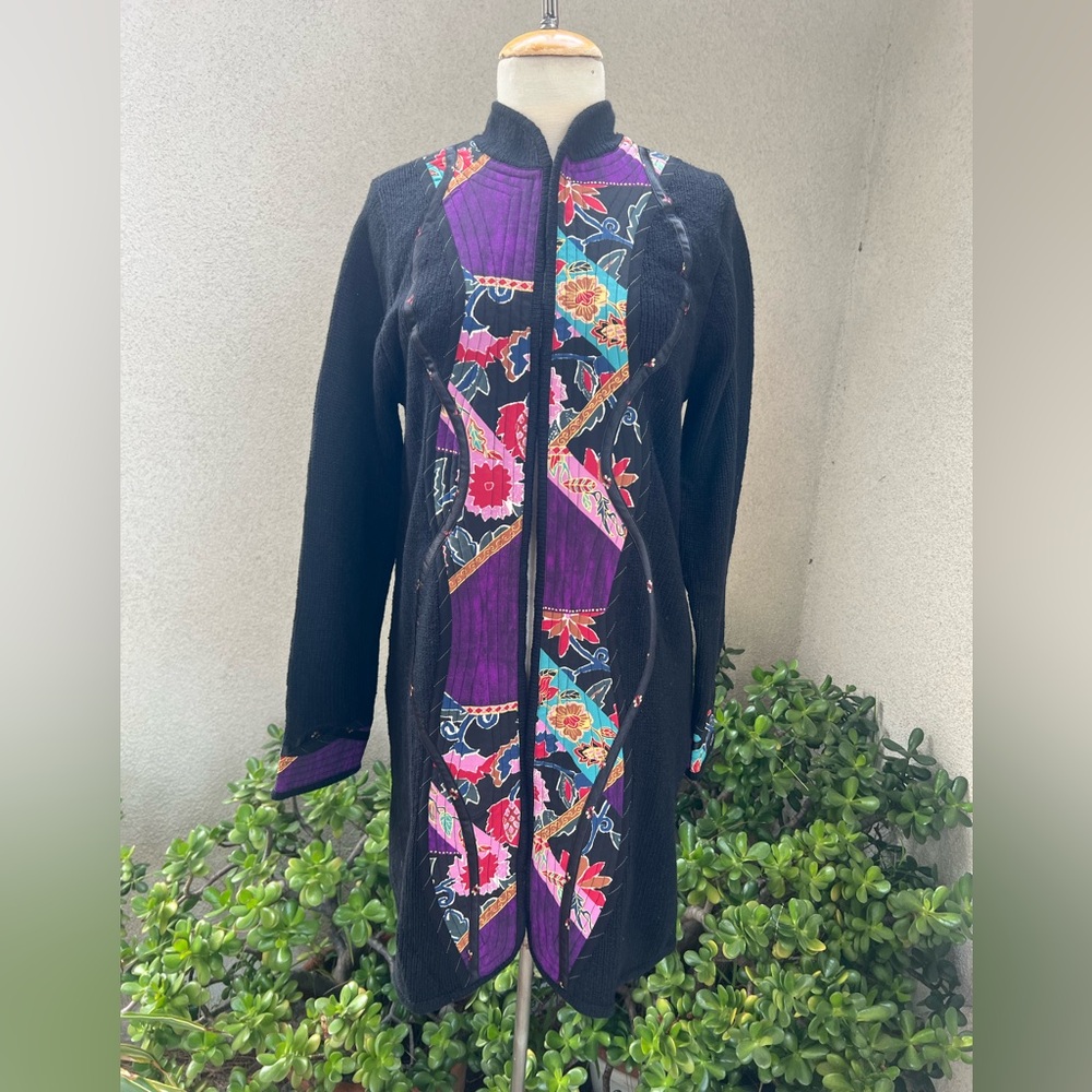 Vtg NWT KOOS of course! Midi sweater cardigan black cotton abstract print trim S